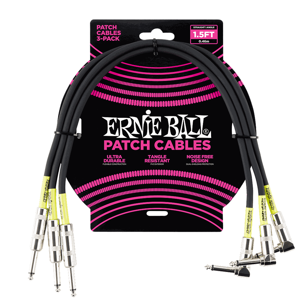 Ernie Ball - 3 Cables de 0.46 mts., Color: Negro Ang./Ang. Mod.6076